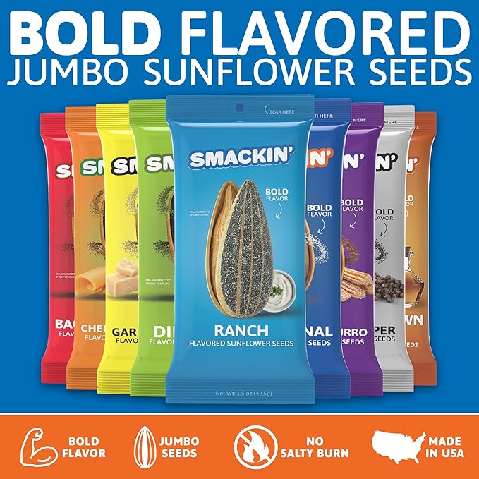 SMACKIN' Sunflower Seeds, No Salty Burn, Roasted Jumbo Small-Batch, American Made - 10 Flavor