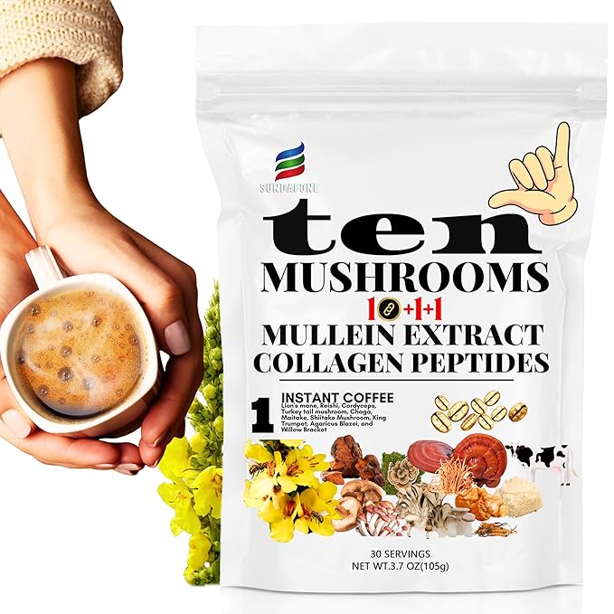 SUNDAFONE Mushroom Coffee with Grass-Fed Collagen, Mullein,Lion's Mane, Reishi and 10 Adaptogenic