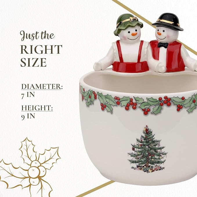 Spode Christmas Tree 9-Inch Candy Bowl - Mr. & Mrs. Snowman Decorative Earthenware Bowl for Serving