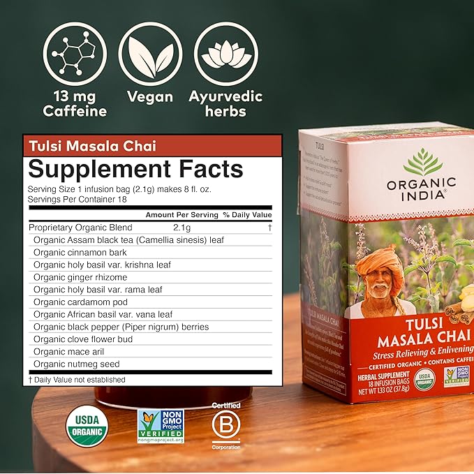ORGANIC INDIA Tulsi Masala Chai Tea Bags - Holy Basil, Black Tea, Spices with Ginger, Stress