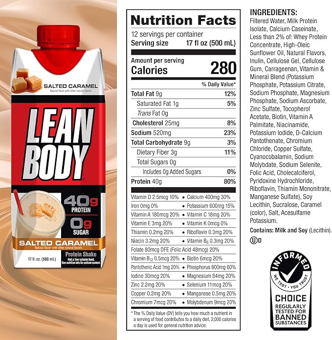 Lean Body Ready-to-Drink Salted Caramel Protein Shake, 40g Protein, Whey Blend, 0 Sugar, Gluten