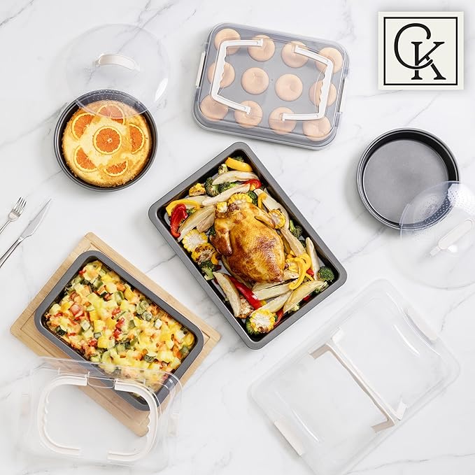 Country Kitchen Baking Pans Set - 10 Piece Non-Stick Cake Pans with Carry Lids for Easy Storage &
