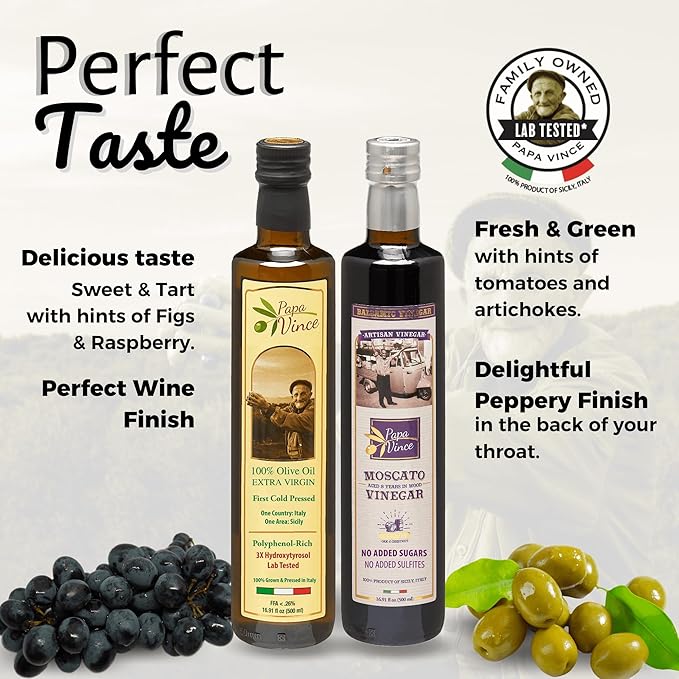 Papa Vince Extra Virgin Olive Oil & Balsamic Set - EVOO First Cold Pressed Dec 2023/24, Balsamic