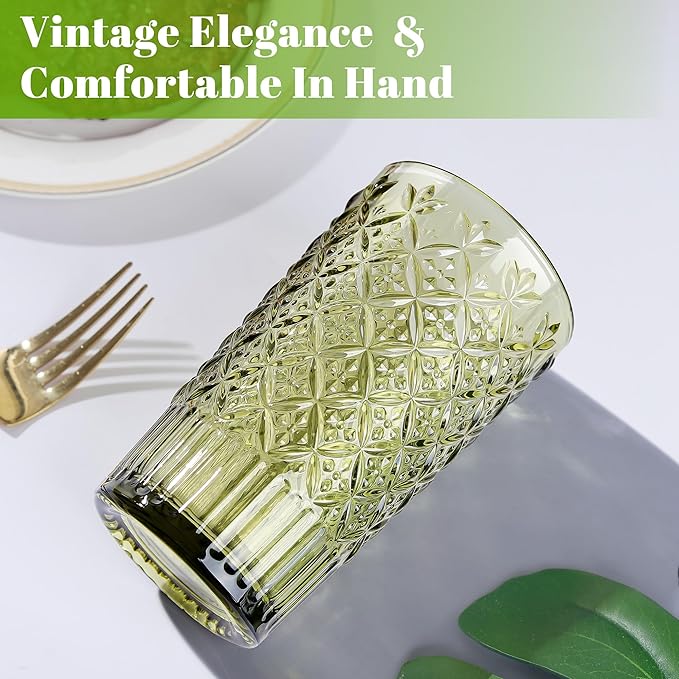 Joeyan Green Vintage Drinking Glasses,Embossed Water Glass Cups,Colored Highball Glass