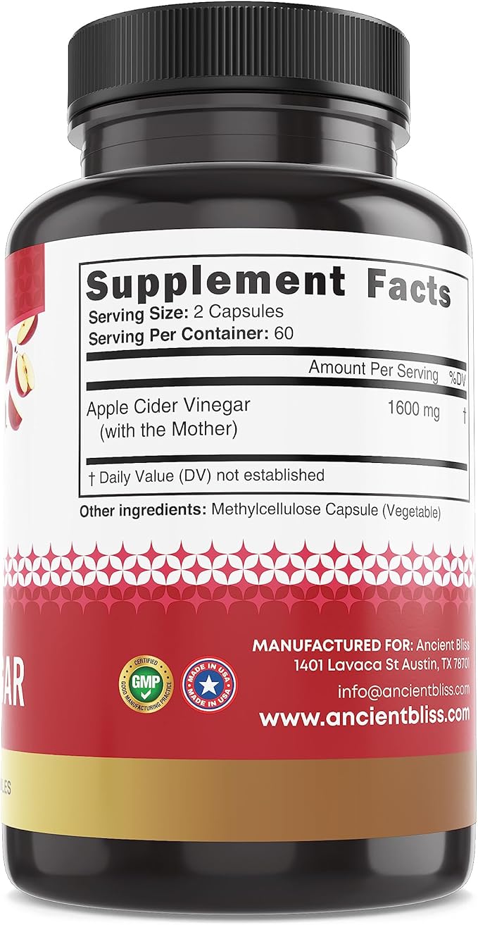 Ancient Bliss Apple Cider Vinegar Organic Capsules with The Mother, Helps Improve Digestion