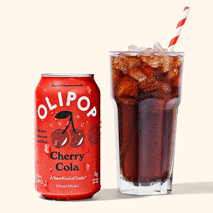 OLIPOP Prebiotic Soda Pop, Cherry Cola, Pantry Pack Packed with Prebiotics, Fiber, and Botanicals