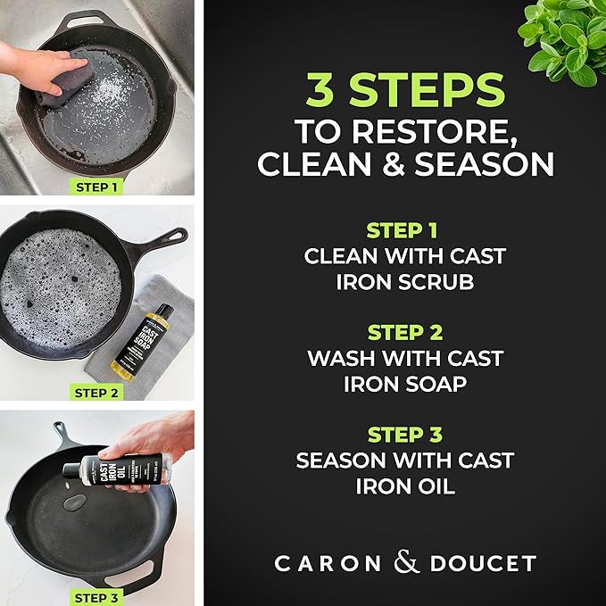CARON & DOUCET ??Ultimate Cast Iron Set PLUS: Seasoning Oil, Cleaning Soap & Restoring Scrub | 100%