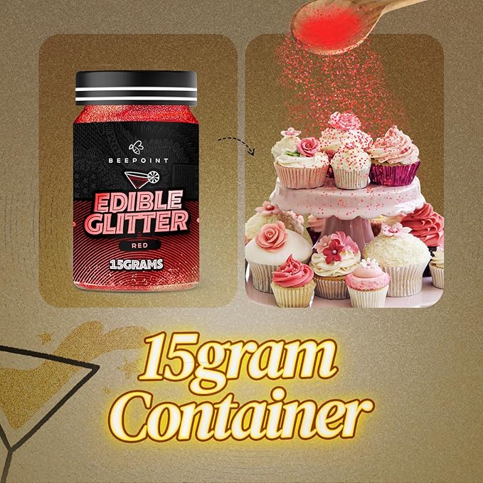BeePoint Red Edible Glitter for Drinks 15g - Food Grade, Vibrant Color Shimmer Powdered Dust for