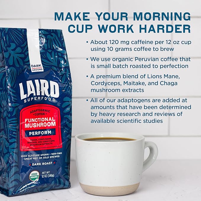 Laird Superfood Peruvian Dark Roast Coffee with Functional Mushrooms, Certified Organic Peruvian