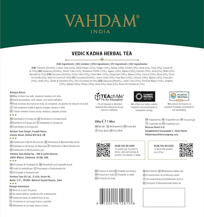 VAHDAM, Vedic Kadha Herbal Tea Bags (100 Ct) Caffeine Free, 100% Real Ingredients - Turmeric, Black
