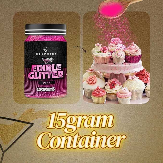 BeePoint Pink Edible Glitter for Drinks 15g - Food Grade, Vibrant Color Shimmer Powdered Dust for
