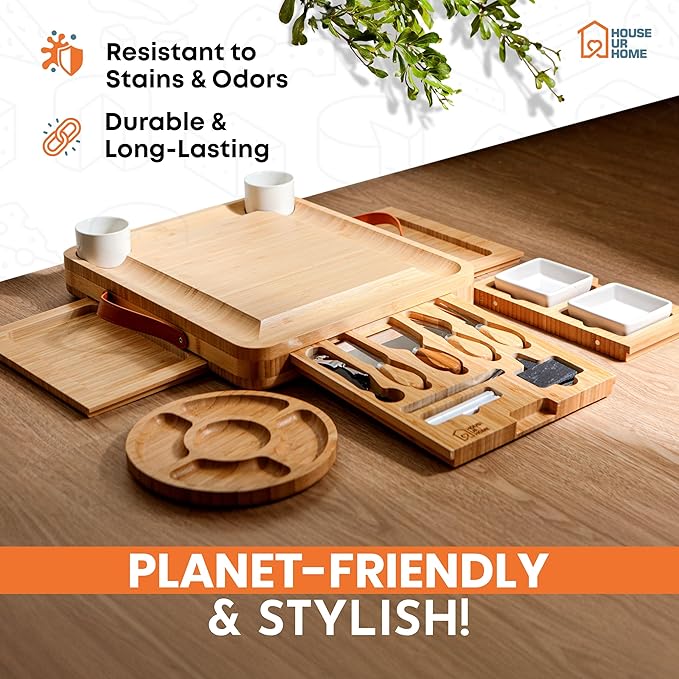Large Bamboo Charcuterie Boards Gift Set with 4 Hidden Drawers, Cheese Knives, Ceramic Bowls &
