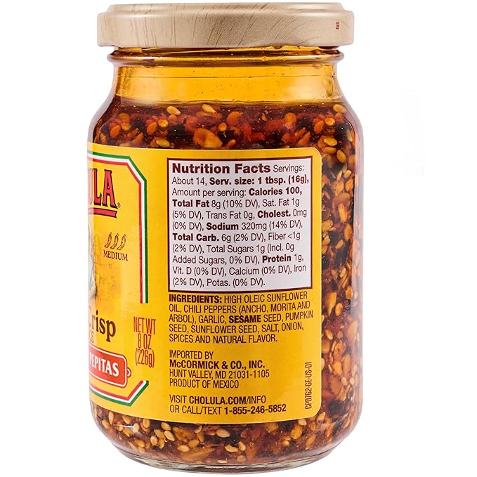 Cholula Chili Crisp Sauce, Chiles & Pepitas, Crunchy Topping for Tacos, Tostadas, Eggs, Pizza and More, 8 oz
