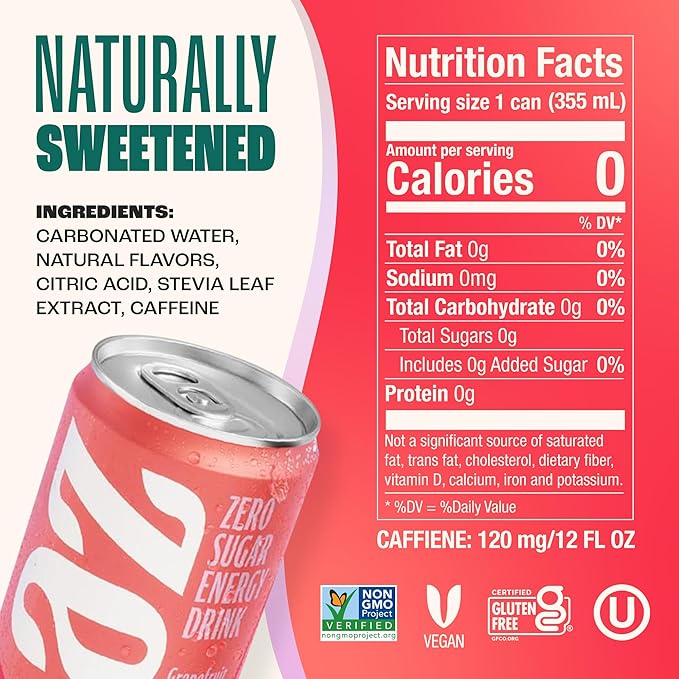 Zevia Zero Sugar Energy Drink, Grapefruit, 12 oz Cans (12-Pack) – Naturally Sweetened, Non-GMO