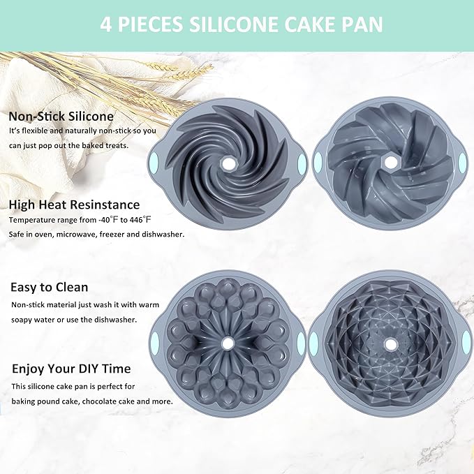 Tongjude 4 Pieces Silicone Fluted Cake Pans, 10/12 Cups Tube Baking Pan, Silicone Molds for