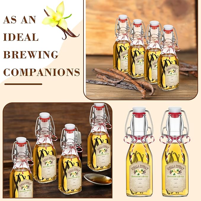 Uiifan 12 pcs 4 oz Swing Top Clear Square Glass Bottles For Vanilla Extract with Caps and Cotton