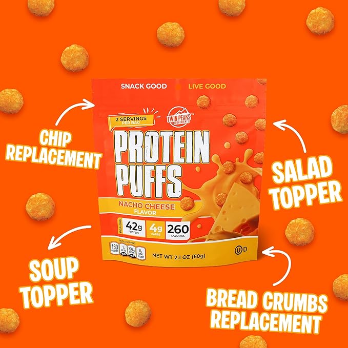 Twin Peaks Low Carb, Keto Friendly Protein Puffs, (Nacho Cheese), 2 Servings, 3 Pack (60g, 42g