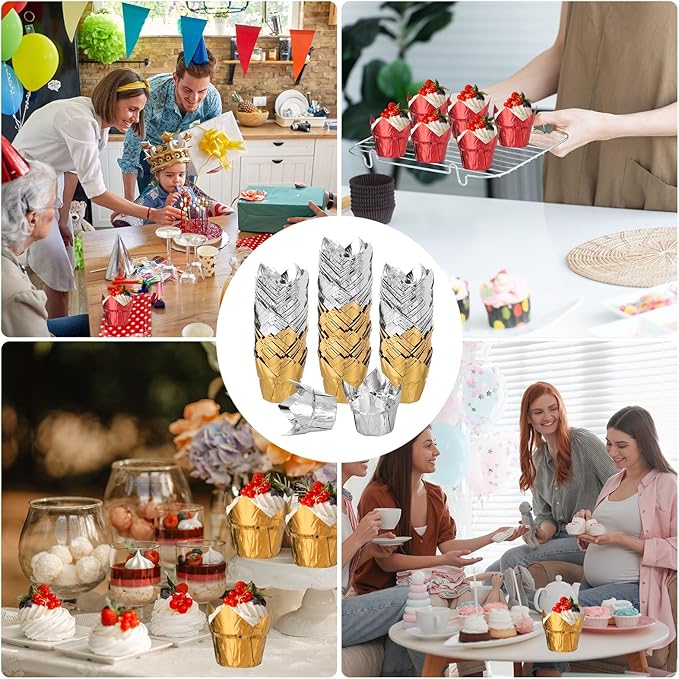 uxcell 100 Pcs Tulip Cupcake Liners, Muffins Liners Aluminum Foil Cupcake Wrappers Baking Cups