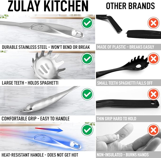 Zulay Kitchen Premium Stainless Steel Spaghetti Server ??Pasta Fork with Teeth ??Easy to Use &