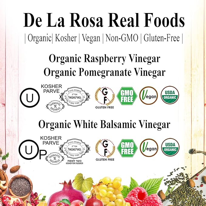 De La Rosa Organic Vinegar Gift Box, Raspberry, Pomegranate & White Balsamic Vinegar, Vegan