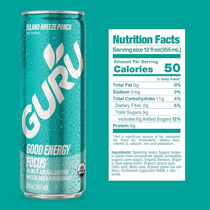GURU PUNCH Organic Energy Drinks Variety Pack, Clean Energy Drink with Plant Based Natural Caffeine