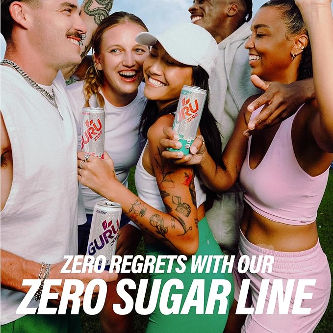 GURU ZERO SUGAR Wild Strawberry Watermelon Organic Energy Drinks, Clean Energy Drink with Plant