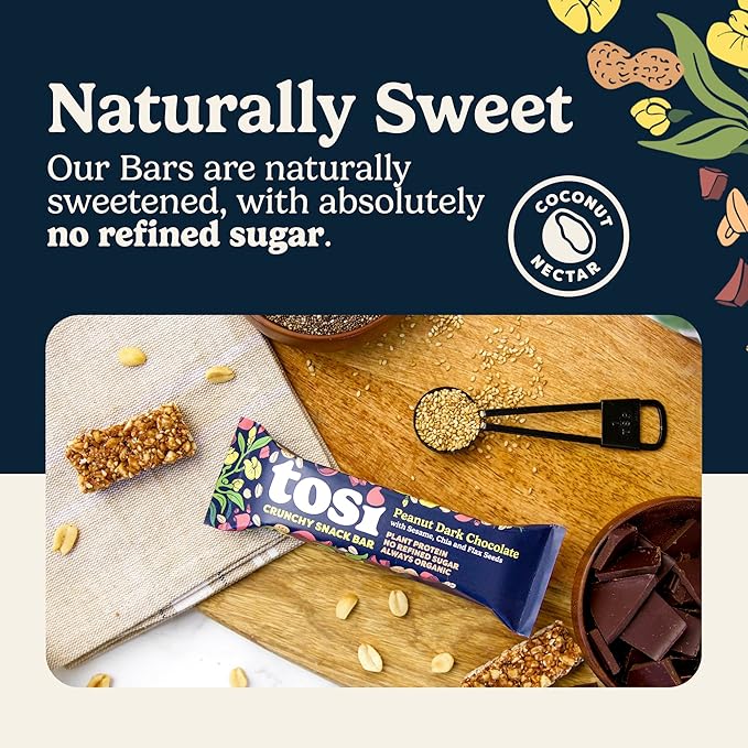 Tosi Peanut Dark Chocolate Protein Bars (8G) - Plant Based Healthy Snacks, Gluten-Free Crunchy