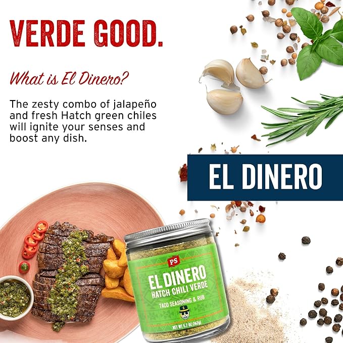 PS Seasoning El Dinero Taco Seasoning Mix - Hatch Chili Verde and Jalapeno Blend, Dry BBQ Rub for