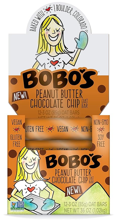 Bobo's Oatmeal Bars, Peanut Butter Chocolate Chip, Gluten Free Vegan Whole Grain Oat Bars, Pack of