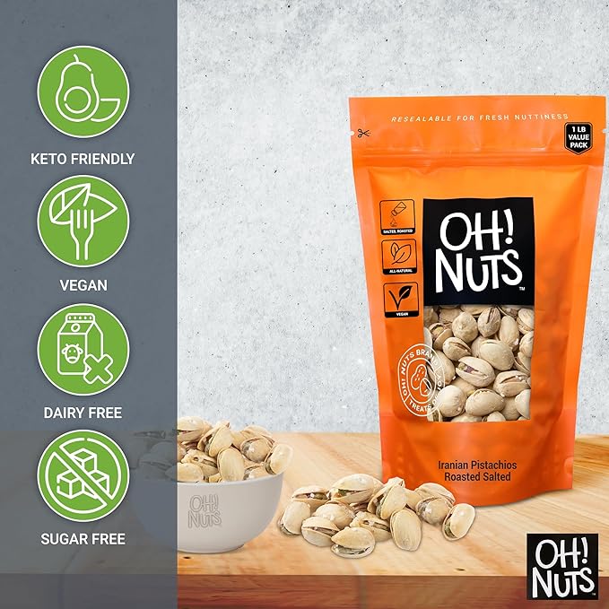 Oh! Nuts Pistachios Iranian Style - Roasted Lightly Salted - 1 lb - Shelled Whole Nuts - Packed in