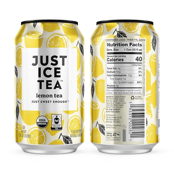 Just Ice Tea, Lemon Flavored Black Iced Tea, 12-Pack (12oz Cans), USDA Certified Organic, Real