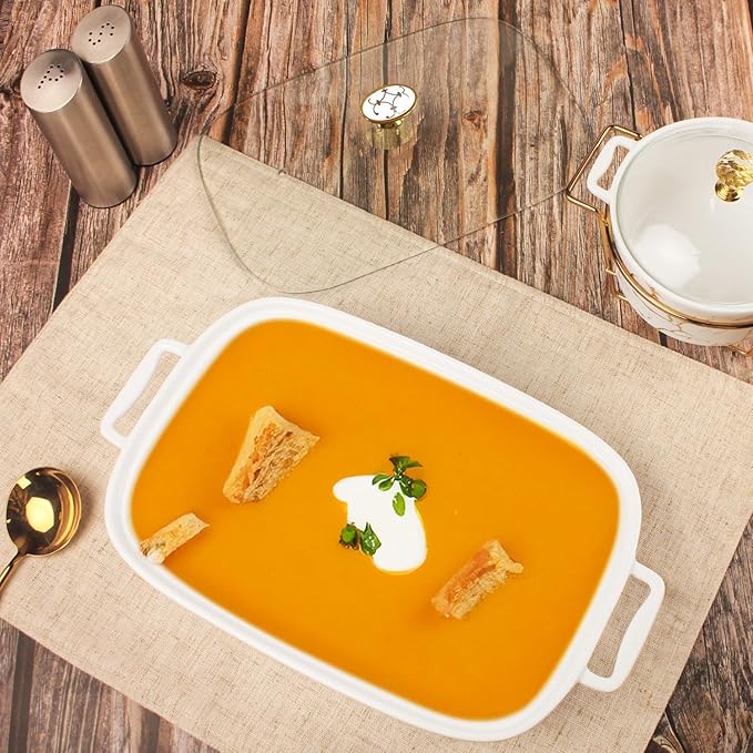 10" x 7" Ceramic Rectangular Casserole Dish with Glass Lid, 1.3 Quart White Serving Soup