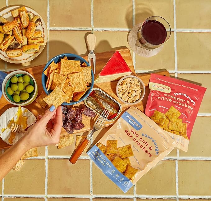 Unbothered Foods Cheddar & Chive Sourdough Crackers - Gut-Friendly & Easy to Digest, Non-GMO, No