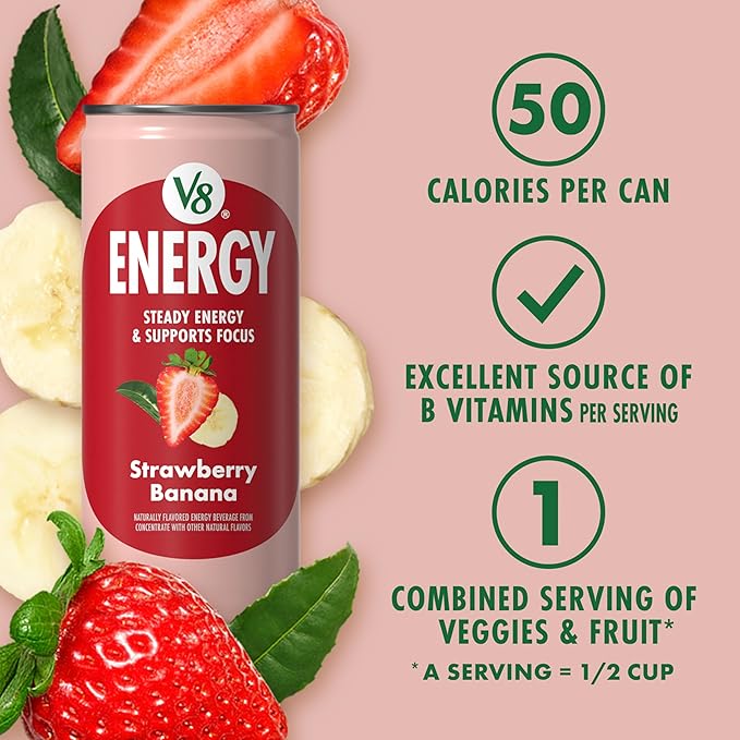 V8 +ENERGY Strawberry Banana Energy Drink, Made with Real Vegetable and Fruit Juices, 8 FL OZ Can