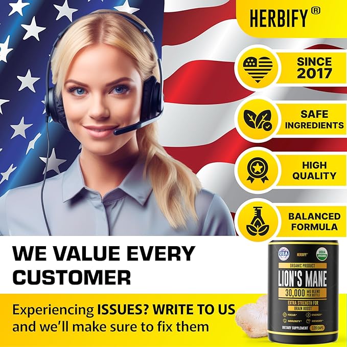 HERBIFY Lions Mane Supplement - Daily Mushroom Supplement for Memory, Focus & Clarity - Brain