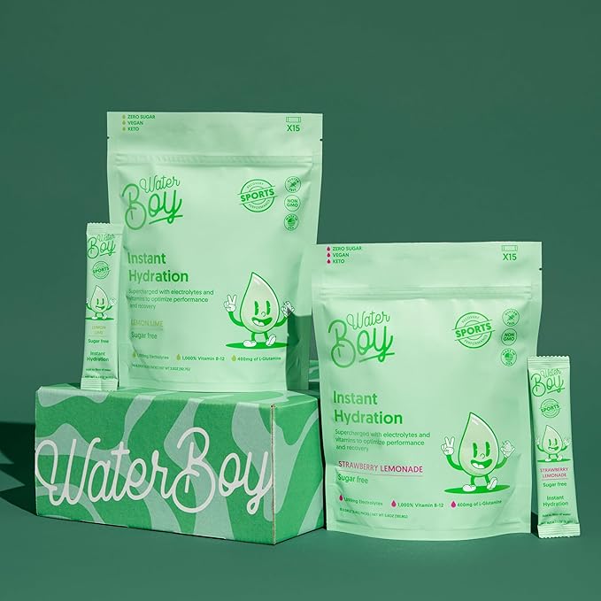 Waterboy Workout Hydration | 2,960mg Sugar Free Electrolyte Powder Packets | L-Glutamine + Vitamins