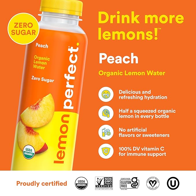 Lemon Perfect Peach, Flavored Lemon Water, Organic, Zero Sugar, Healthy Hydration Drinks, 15.2 fl