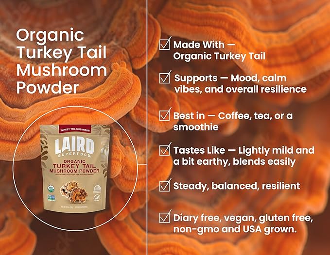 Laird Superfood Organic Turkey Tail Mushroom Powder for Immune Support, 3.17 oz. Bag, Pack of 1