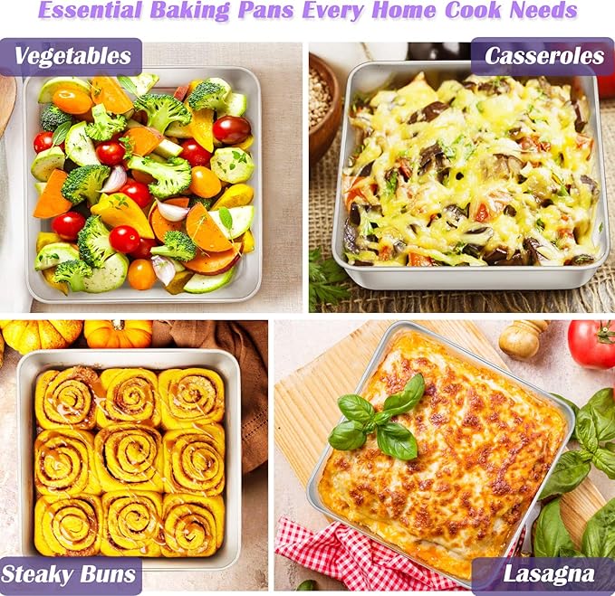 8 x 8-Inch Baking Pan, E-far Square Cake Brownie Baking Pans Stainless Steel Bakeware Set of 3