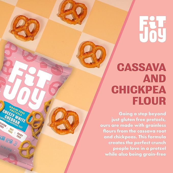 FitJoy White Cheddar Pretzels (Pack of 6, 4.5 Oz) - Dairy, Nut & Gluten Free Snacks - Grain Free