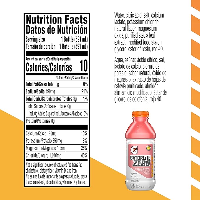 Gatorlyte Zero Electrolyte Beverage, Strawberry Kiwi, Zero Sugar Hydration, Specialized Blend of 5