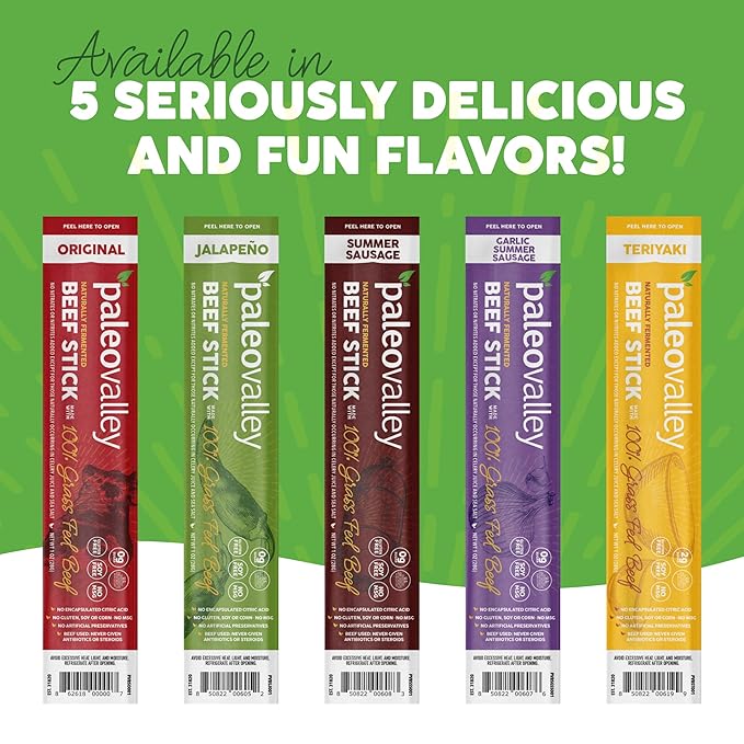 Paleovalley 100% Grass Fed Beef Sticks - Delicious Gluten Free Beef Snack - High Protein Keto