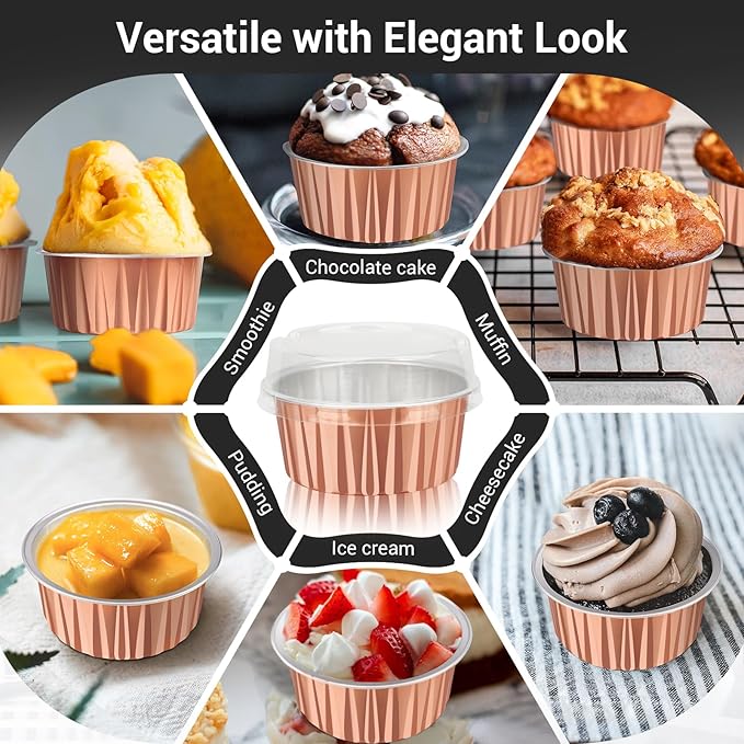 EUSOAR Rose Gold Cupcake Liners, 120pcs 5oz Disposable Aluminum Foil Baking Cups with Lids, Mini