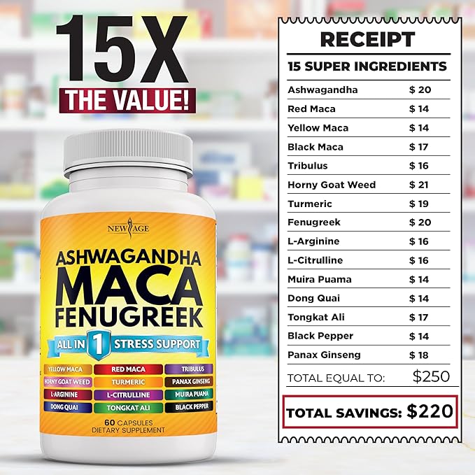 NEW AGE Ashwagandha Maca Root Fenugreek Supplement with Tongkat Ali Ginseng - Assists with Overall