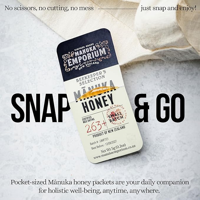 Manuka Emporium Raw Manuka Honey Packets On-the-Go MGO263+ (UMF 10+ Equiv.) 72 x 0.18oz
