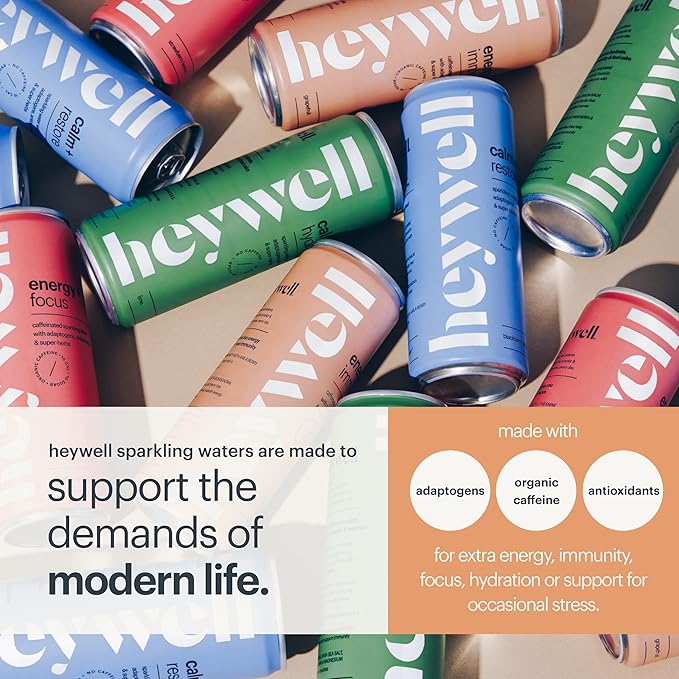 Heywell Sparkling Adaptogenic Water Energy and Focus, Strawberry Lemon Flavor 12 Fluid Ounce (Pack