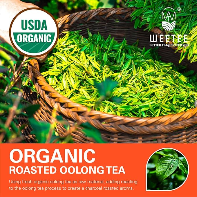 WT WEETEE Organic Roasted Oolong Tea Bags, Organic Black Oolong Tea 100 Count, Charcoal-roasted