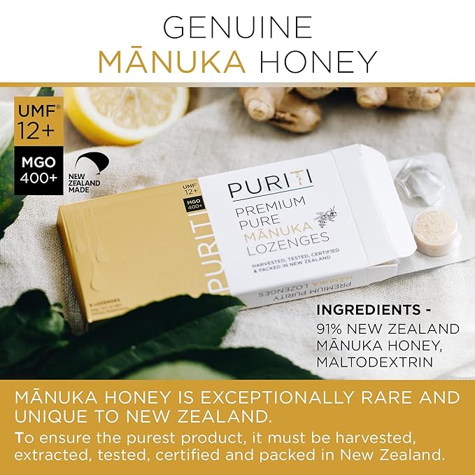 PURITI Premium Manuka Honey Lozenges High Potency - Sugar Free Drops | Genuine New Zealand Raw