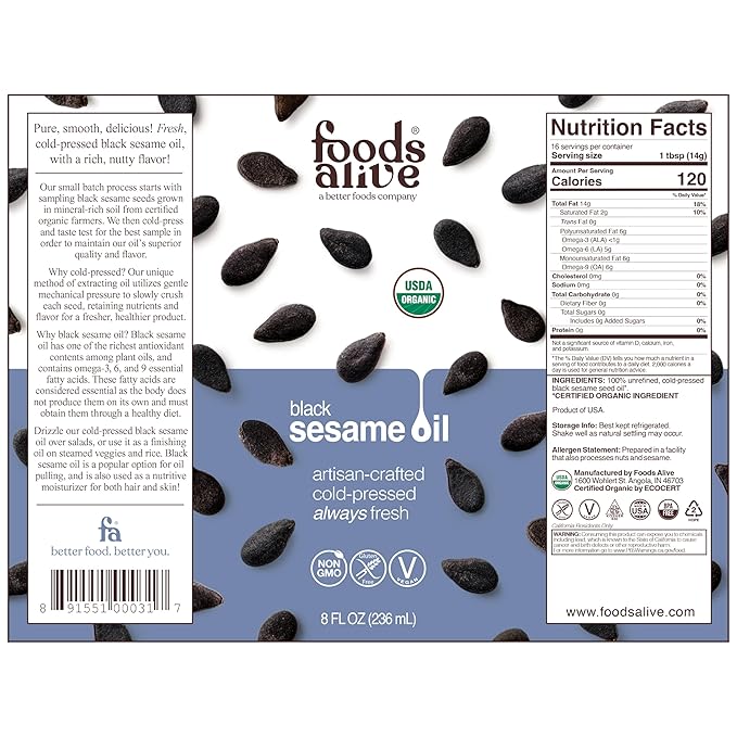 Foods Alive USDA Organic Black Sesame Seed Oil, Artisan Cold-Pressed, non-gmo, vegan, gluten free