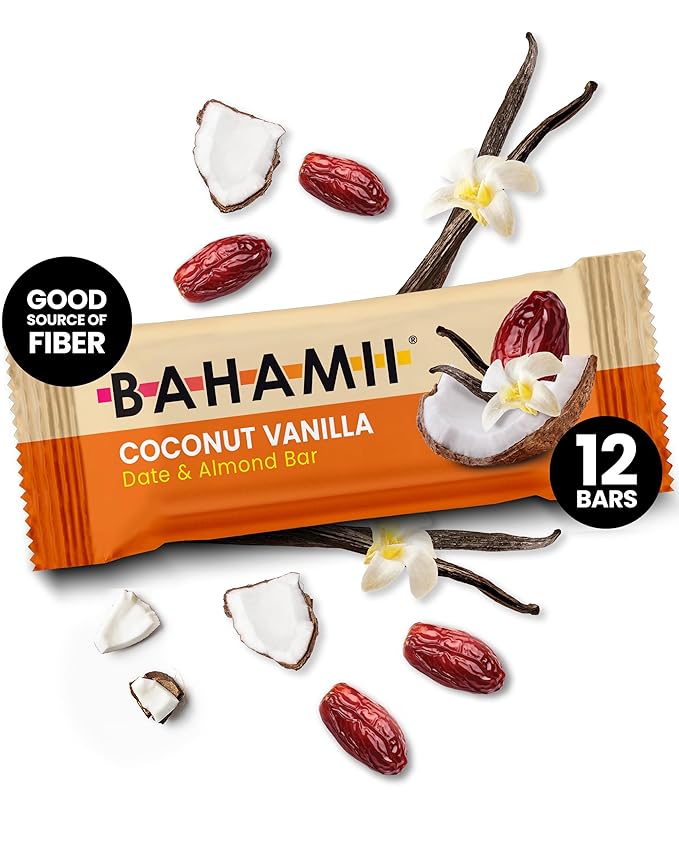 Bahamii Almond Nut & Date Bars - Coconut Vanilla, 12 Pack, Only 6 Ingredients, Soft & Delicious